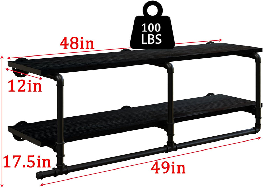 Wall Mounted Clothes Rack 12 Inch Deep, 48 Inch Heavy Duty Garment Rack with Real Black Wood Shelf, Multi-Purpose Hanging Rod & Space-Saving Closet Storage Organizer