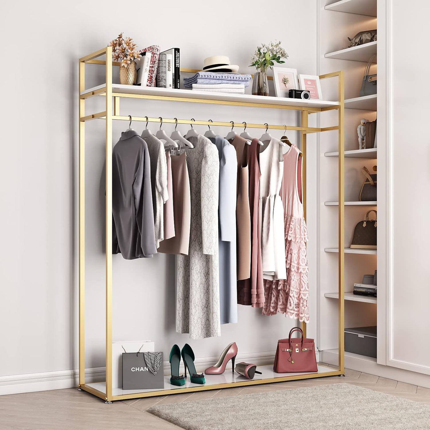 Heavy Duty Gold Clothing Rack with Shelves for Hanging Clothing, Gold Metal Freestanding Garment Rack for Retail Display (59' L)