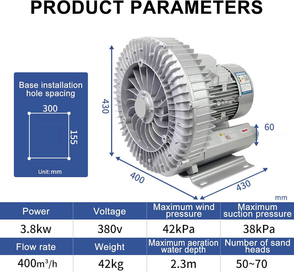 Single/Three Phase Vortex Ring Blower, Regenerative Blower High Pressure Vortex Ring Blower Sewage Aeration Vortex Blower Single Phase Turbine Blower Aquaculture Vortex Air Blower Pump(3.8KW/380V)