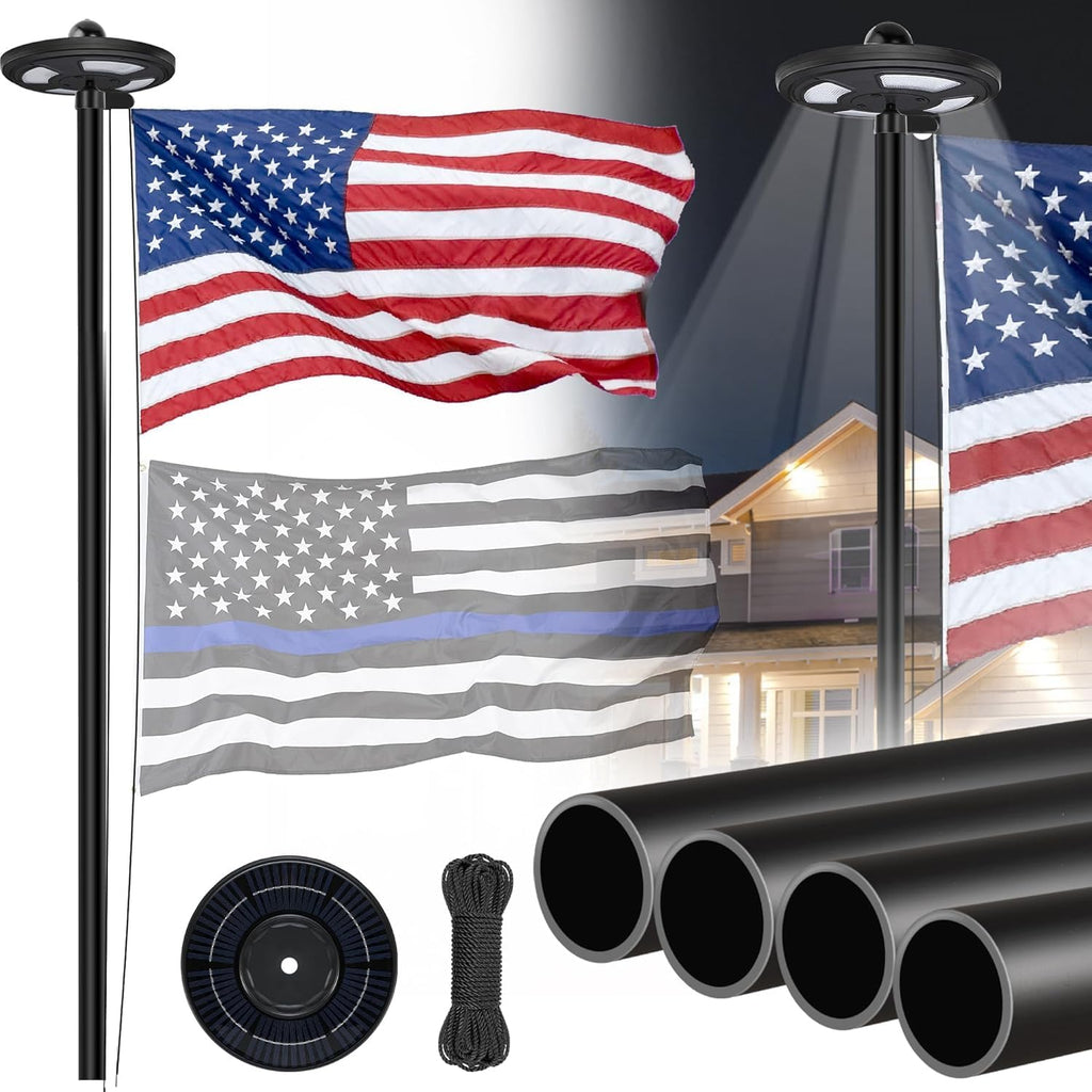 12 Gauge Extra Thick 20FT Black Flag Pole Kit with Solar Light in Ground | 12 Gauge Extra Thick Aluminum Flagpole with 3x5 TearProof Embroidered American Flag and 126 LED Light