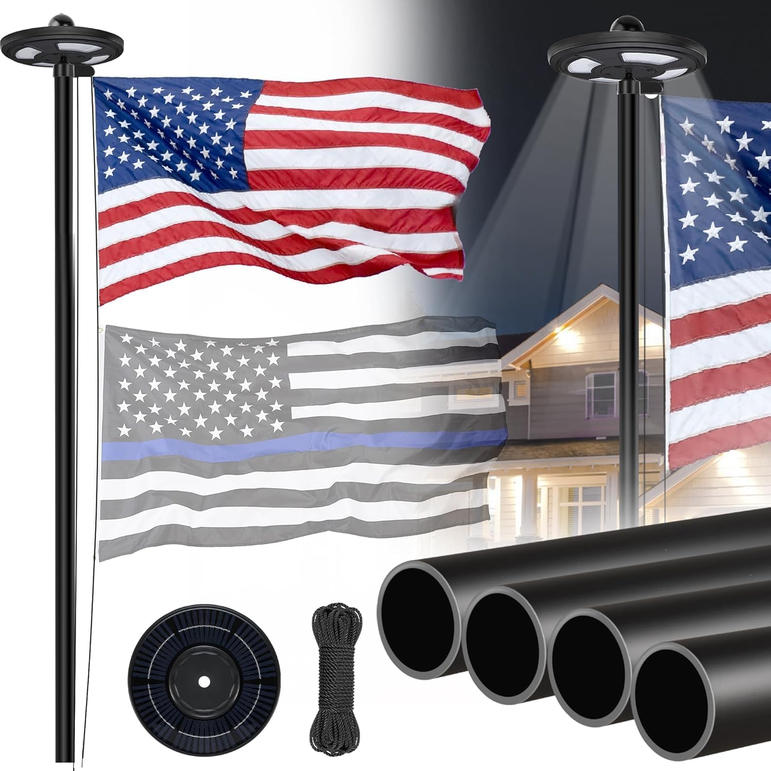 12 Gauge Extra Thick 20FT Black Flag Pole Kit with Solar Light in Ground | 12 Gauge Extra Thick Aluminum Flagpole with 3x5 TearProof Embroidered American Flag and 126 LED Light