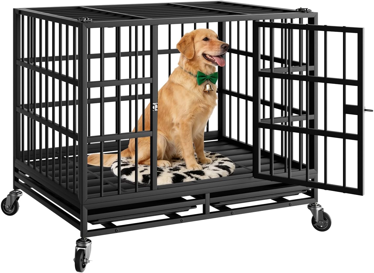 37 Inch Heavy Duty Dog Crate with Wheels,Indestructible Escape-Proof Dog Kennel with Locking Latch and Double Door,Extra Large XL XXL Crate Indoor for Large and Medium Dog with Removable Tray