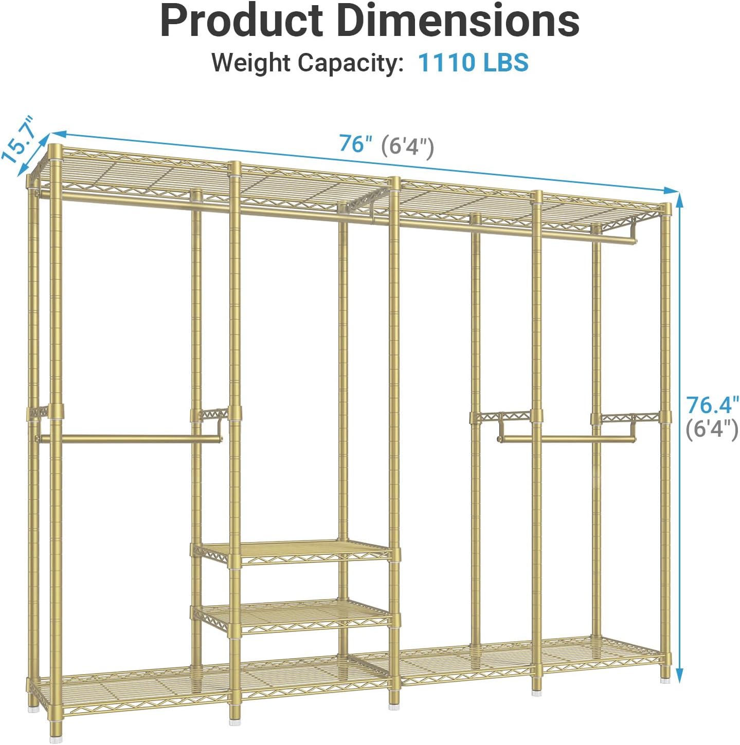 VIPEK V40 Heavy Duty Clothes Rack, 1110lb Capacity Sturdy Metal Garment Rack, Clothing Rack with 6 Shelves & 4 Hang Rods, Adjustable Open Wardrobe Closet Organizer for Bedroom/Apartment/Retail, Gold