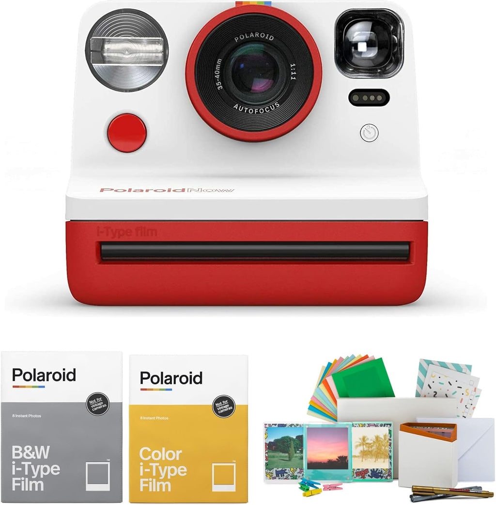 Polaroid Originals Now Viewfinder i-Type Instant Camera (Red) Bundle with Color Instant Film, Film Kit and B and W Film (4 Items)