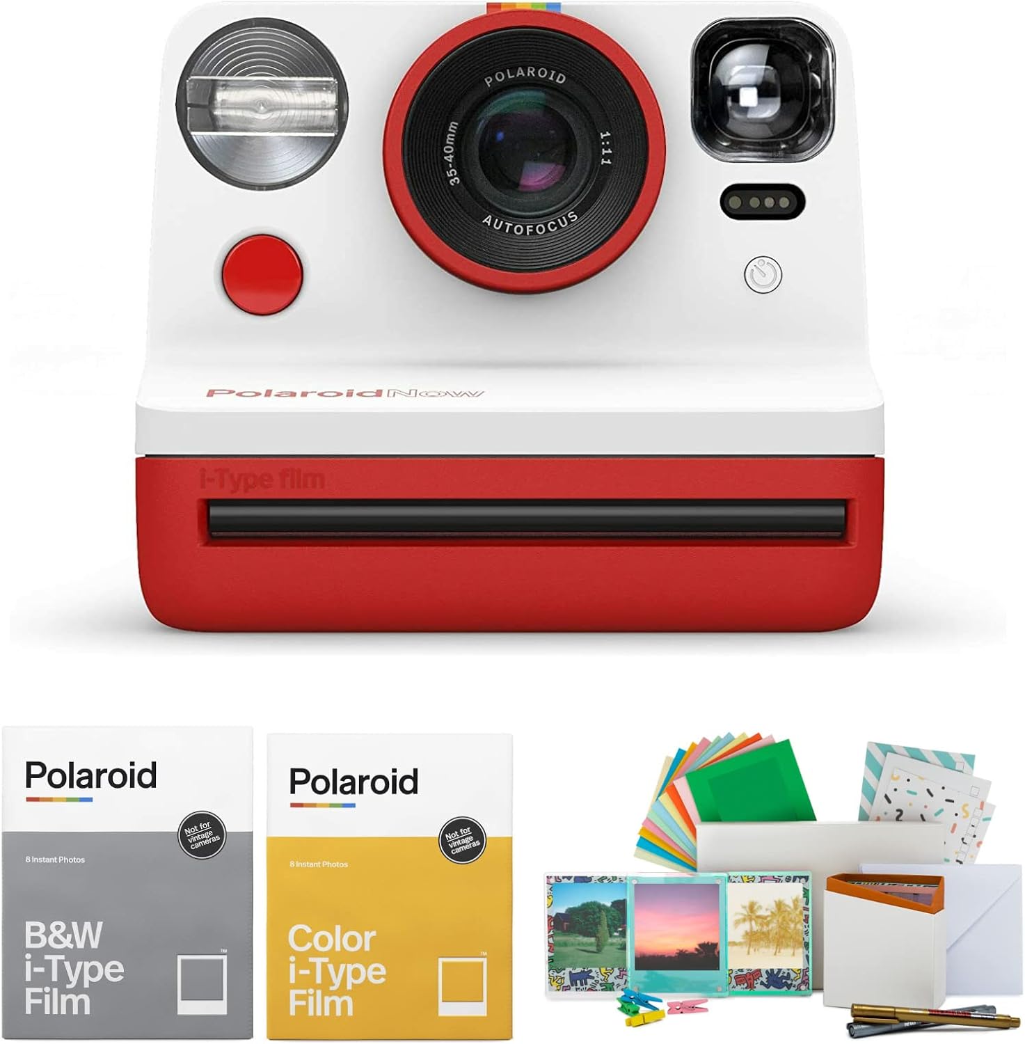 Polaroid Originals Now Viewfinder i-Type Instant Camera (Red) Bundle with Color Instant Film, Film Kit and B and W Film (4 Items)