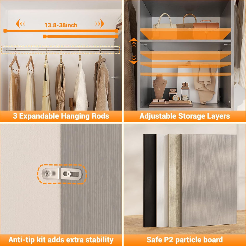 Homieasy 96 Inches Closet Organizer System, 8FT Customizable Walk In Closet Organizer with Hanging Rods, 3 Drawers Garment Rack with Leather Handle , 96' L x 16' W x 75' H, Max Load 1000 LBS, Grey