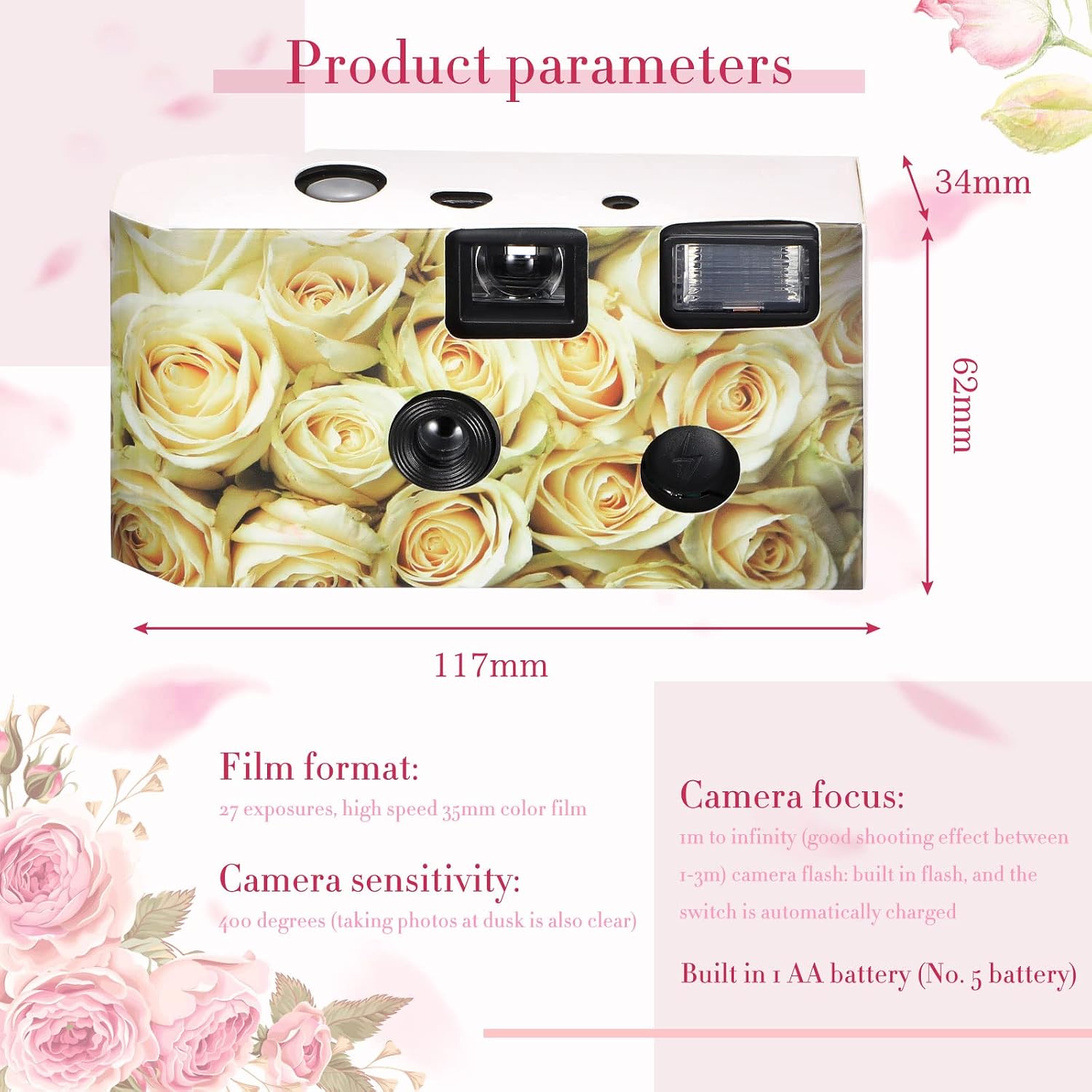 12 Pack Disposable Cameras Bulk for Wedding 35 mm Single Use Film Cameras with Flash for Wedding Reception Guests, Baby Shower, Bridal Shower, Anniversary(Yellow Rose)