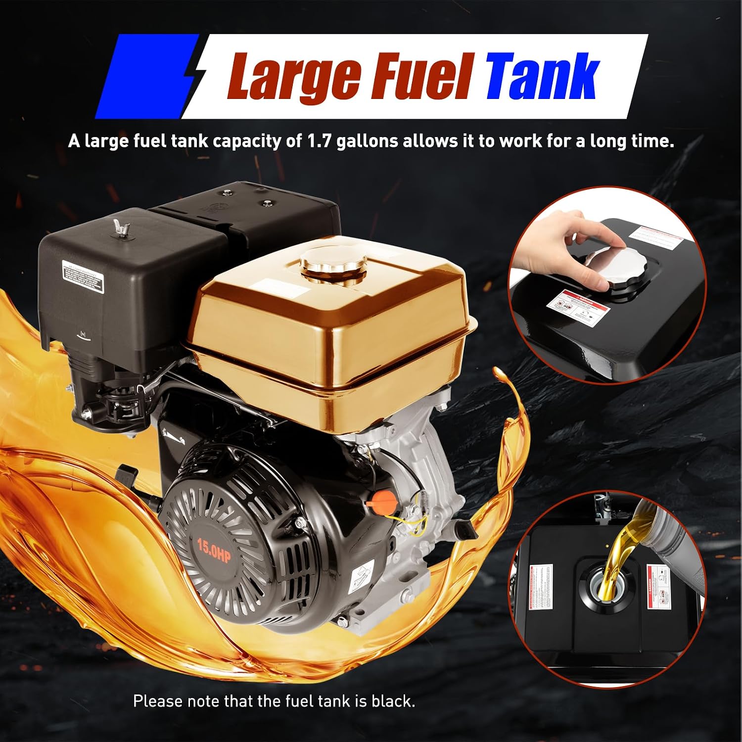Gas Engine Motor 15HP 4 Stroke OHV Single Cylinder Horizontal Gasoline Petrol Engine Go Kart Motor Manual Recoil Starter 9.7KW 3600RPM Air Cooling Garden Tiller Cultivator Motor