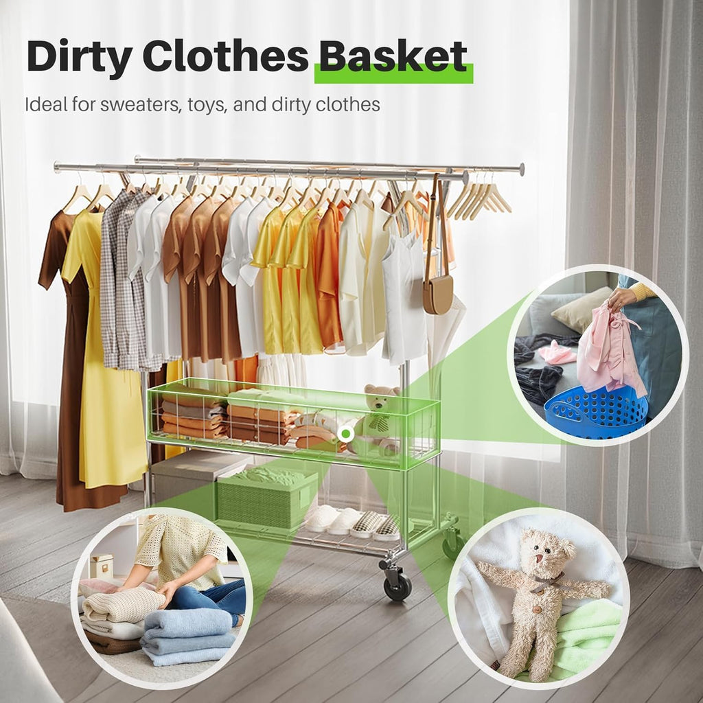 HOKEEPER Clothing Rack Heavy Duty Clothes Rack for Hanging Clothes Adjustable Clothes Rack with Metal Basket, Commercial Double Rod Garment Rack with Wheels for Bed Room Living Room Laundry