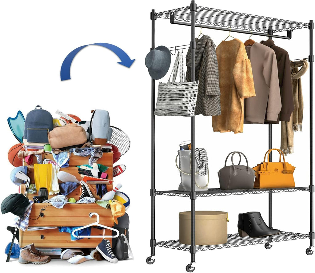 Himimi 3 Tier Heavy Duty Garment Rack with Wheels, Adjustable Wire Shelving Clothes Rack with Hanging Rod, 4 Side Hooks - Freestanding Metal Wardrobe Storage Rack, Grey