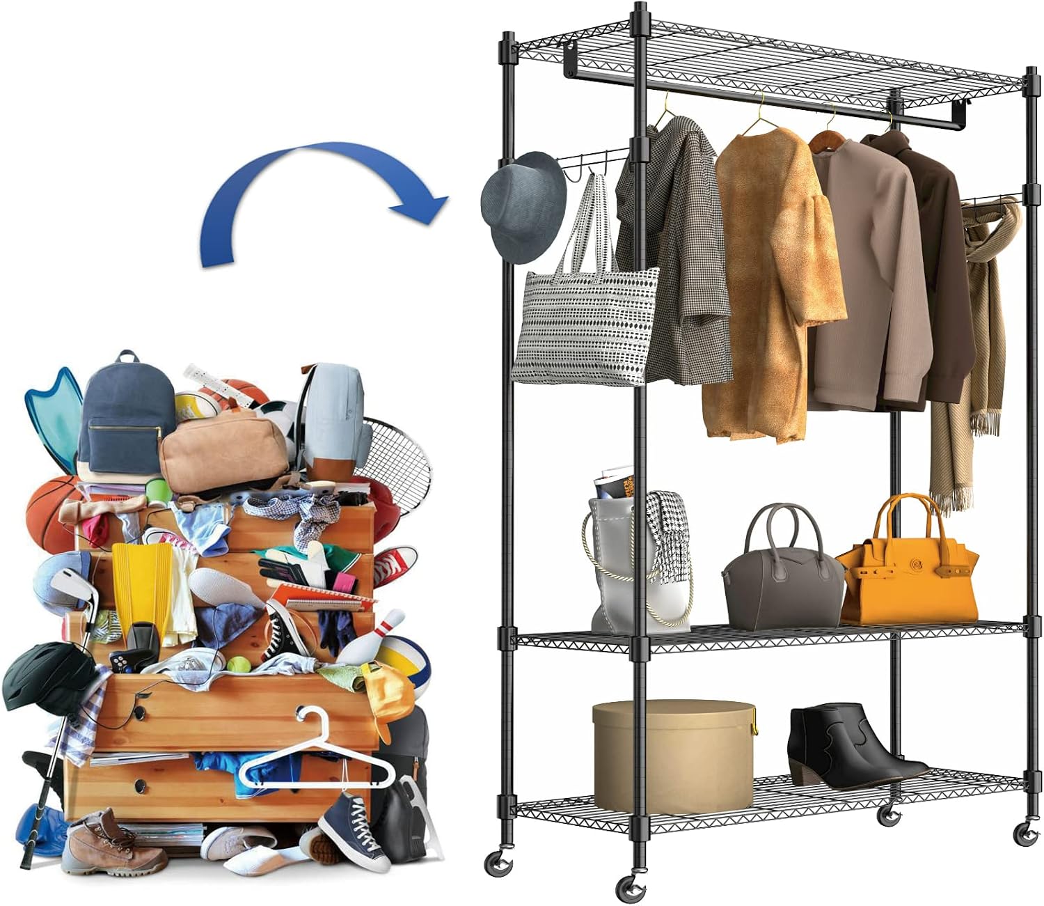 Himimi 3 Tier Heavy Duty Garment Rack with Wheels, Adjustable Wire Shelving Clothes Rack with Hanging Rod, 4 Side Hooks - Freestanding Metal Wardrobe Storage Rack, Grey