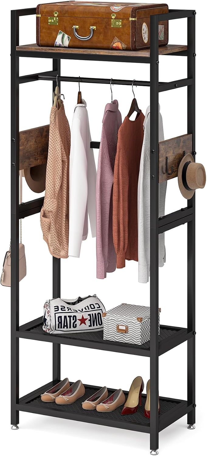 TRIBEHOME Small Clothes Rack, Freestanding Garment Rack with Shelf and Hanging Rod, Heavy Duty Coat Rack Hall Tree for Living Room, Bedroom, Hallway