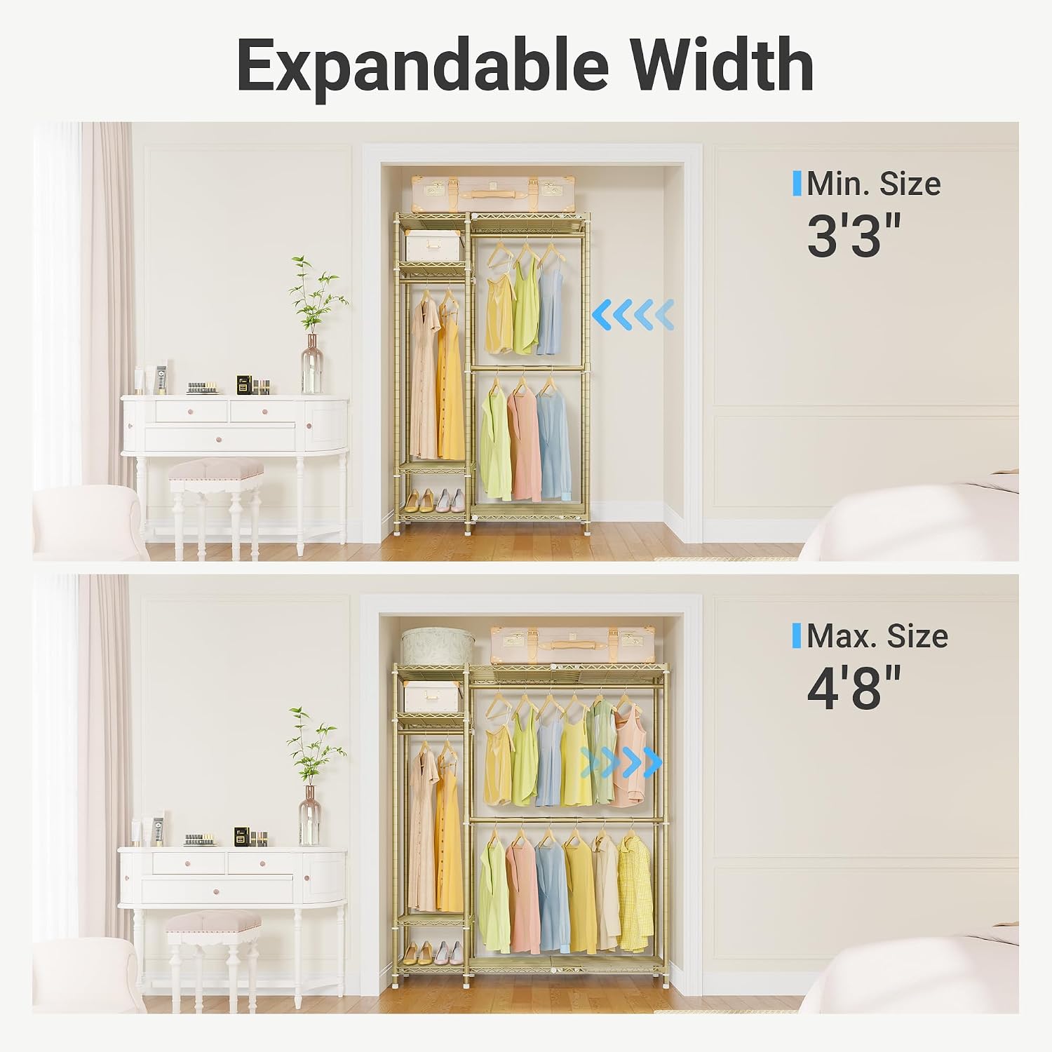 VIPEK X20 Expandable Metal Clothing Rack Adjustable from 3'3' to 4'8' Heavy Duty Garment Racks With Shelves and Hanger Rods Portable Wardrobe Open Closet System, Gold