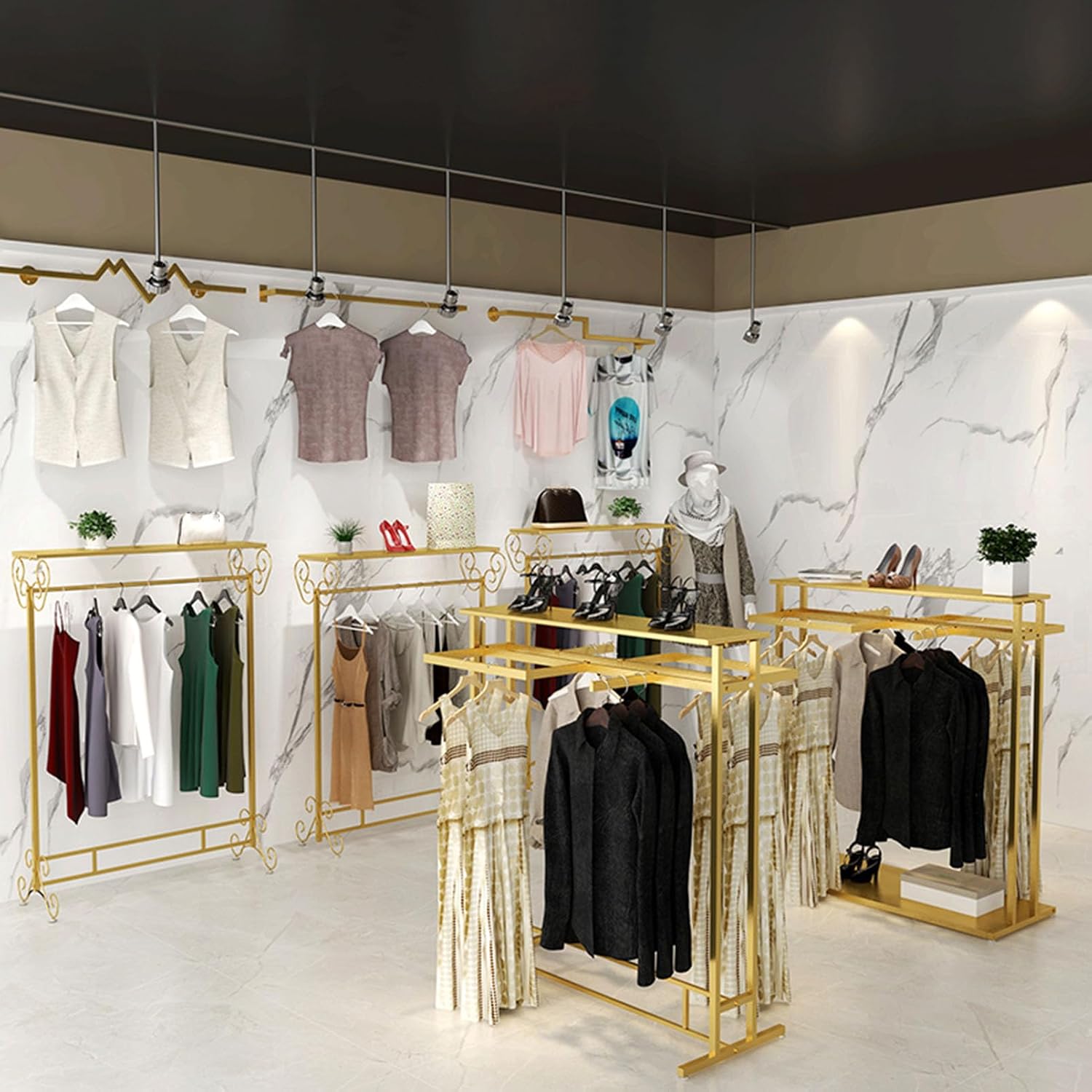 Freestanding Garment Rack With Shelves, Metal Clothing Rack Boutique Display Rack Closet Organizer, Commercial Grade Clothes Display Rack, Heavy Duty Shoes Bags Clothes O(D-120X50X130Cm)