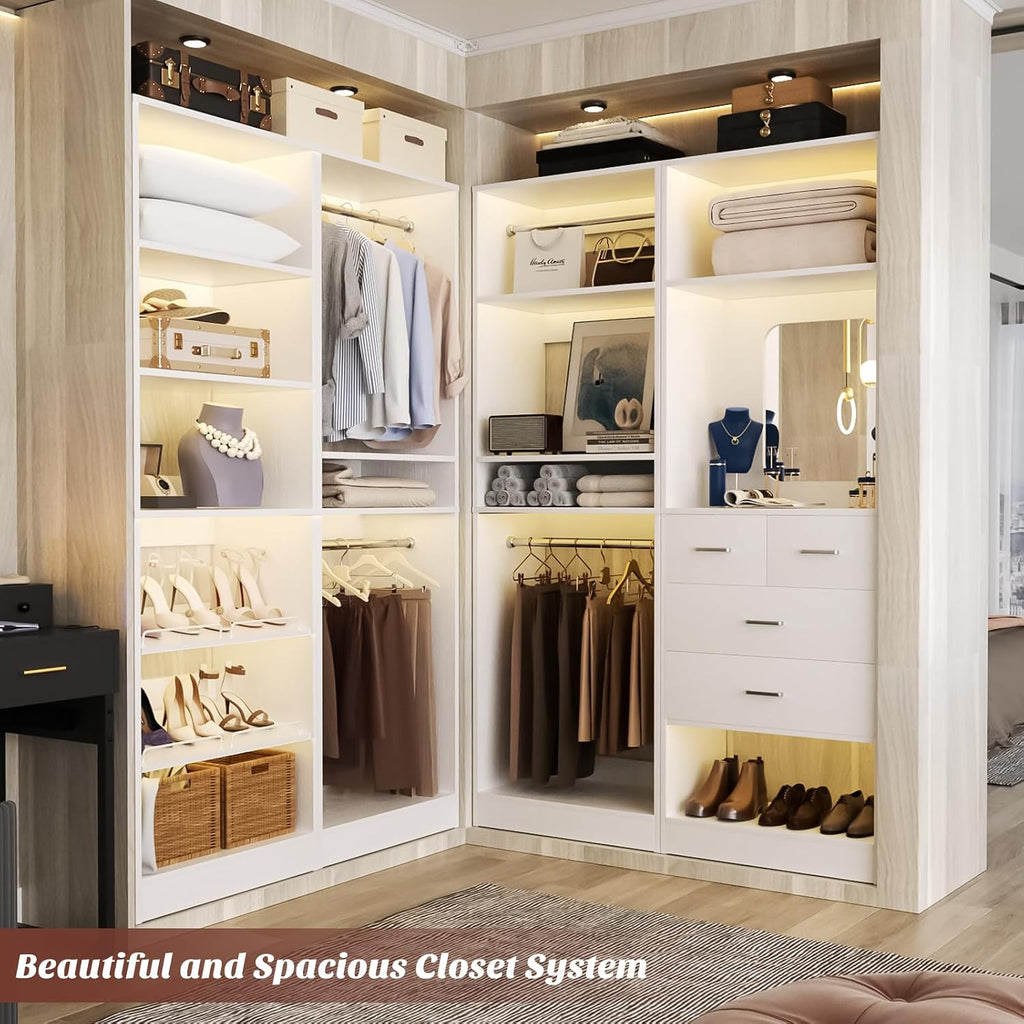 Unikito 50' Closet System with 4 Drawers, 4.2FT Wood Closet Organizer with Hanging Rods and Mirror, Reversible Small Walk in Closet Wardrobe, Adjustable Sturdy Clothes Garment Rack, Set of 2, White