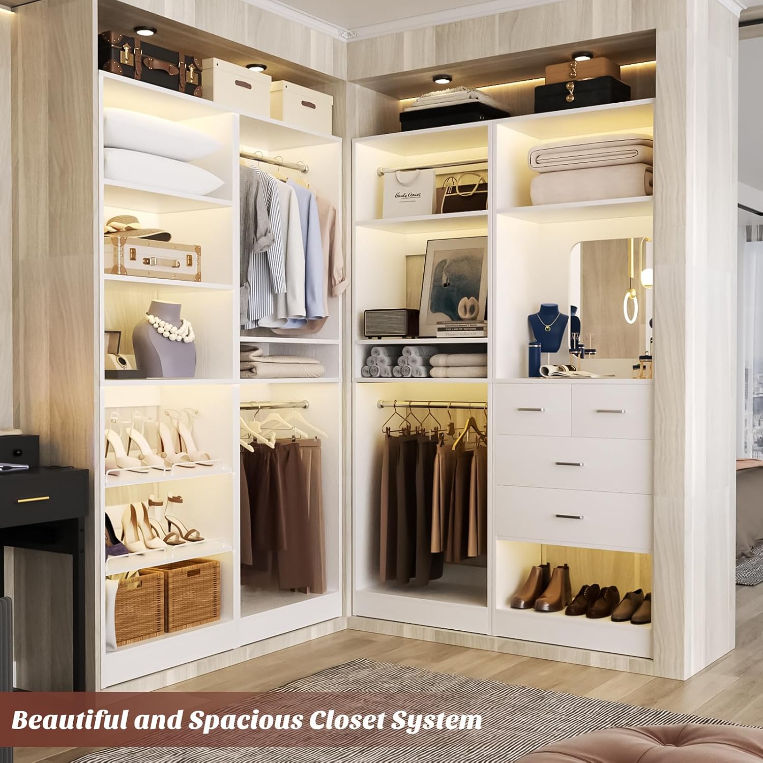 Unikito 50' Closet System with 4 Drawers, 4.2FT Wood Closet Organizer with Hanging Rods and Mirror, Reversible Small Walk in Closet Wardrobe, Adjustable Sturdy Clothes Garment Rack, Set of 2, White