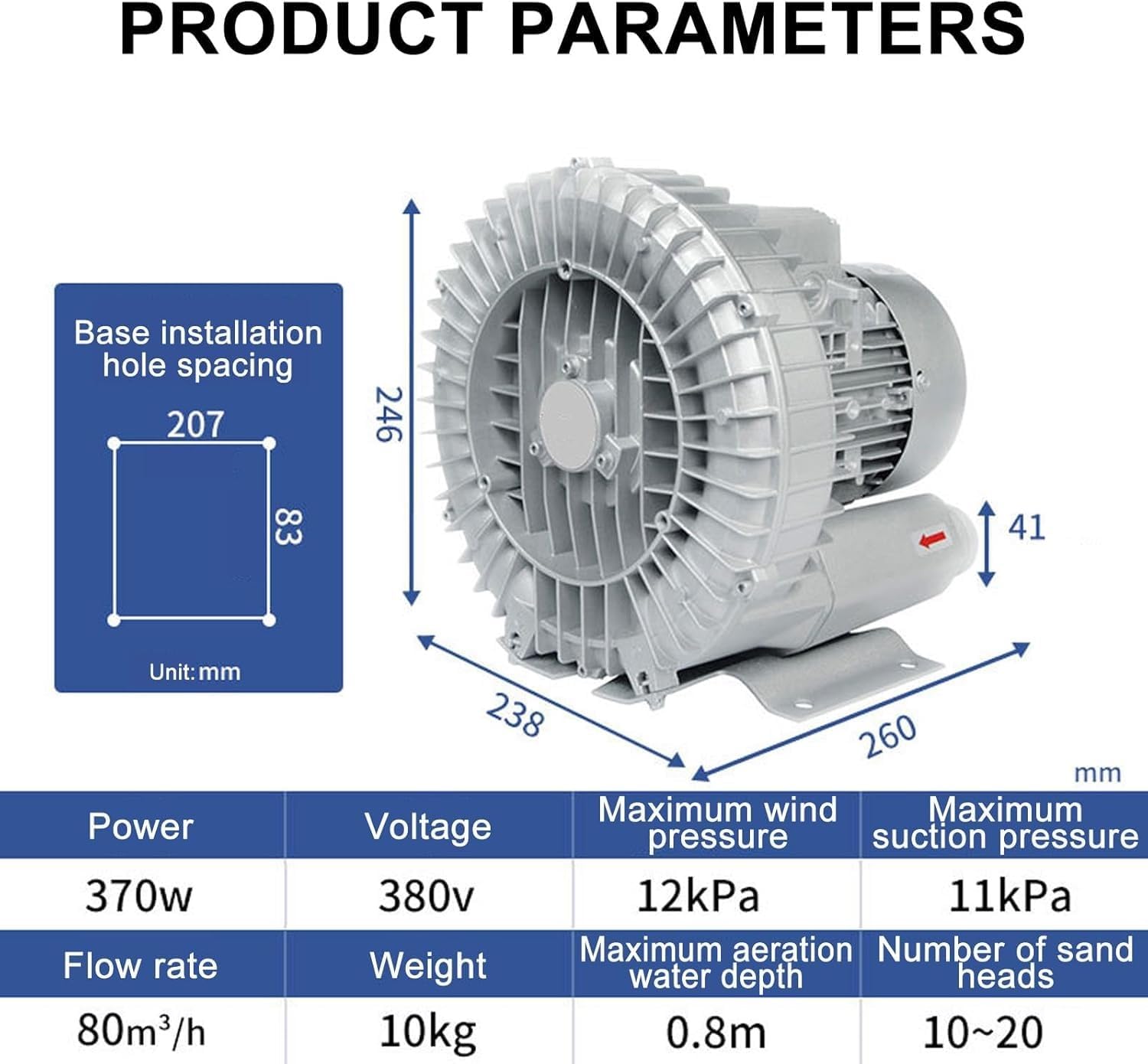 Vortex Ring Blower Industrial Regenerative Blower Strong Centrifugal Vortex Fan Large Airflow Vacuum Pump 120W-7500W for Aquaculture Pond Aeration,Single/Three Phase Vortex Ring Blower(370W/380V)
