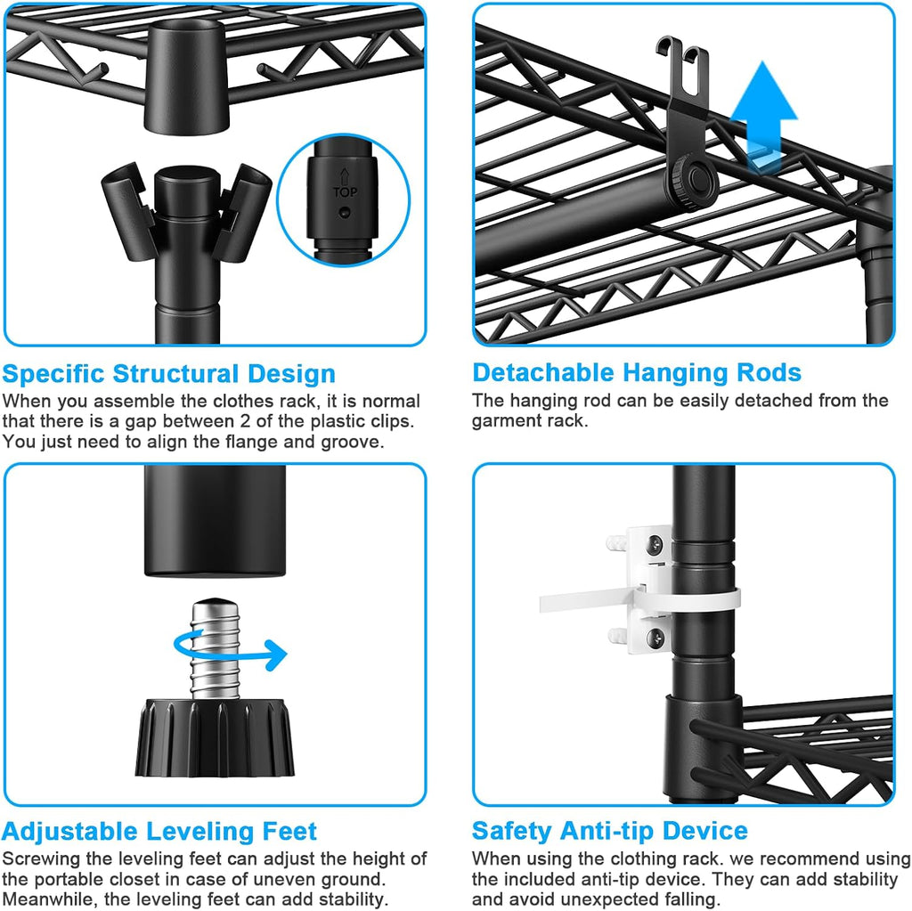 Ulif E13 Max Heavy Duty Clothes Rack（With 4 Hanger Rods & 8 Shelves） Freestanding Clothing Racks for Hanging Clothes，Adjustable Closet，Metal Garment Rack 86' W x16 D x77 H，Max Load 1100LBS，Black