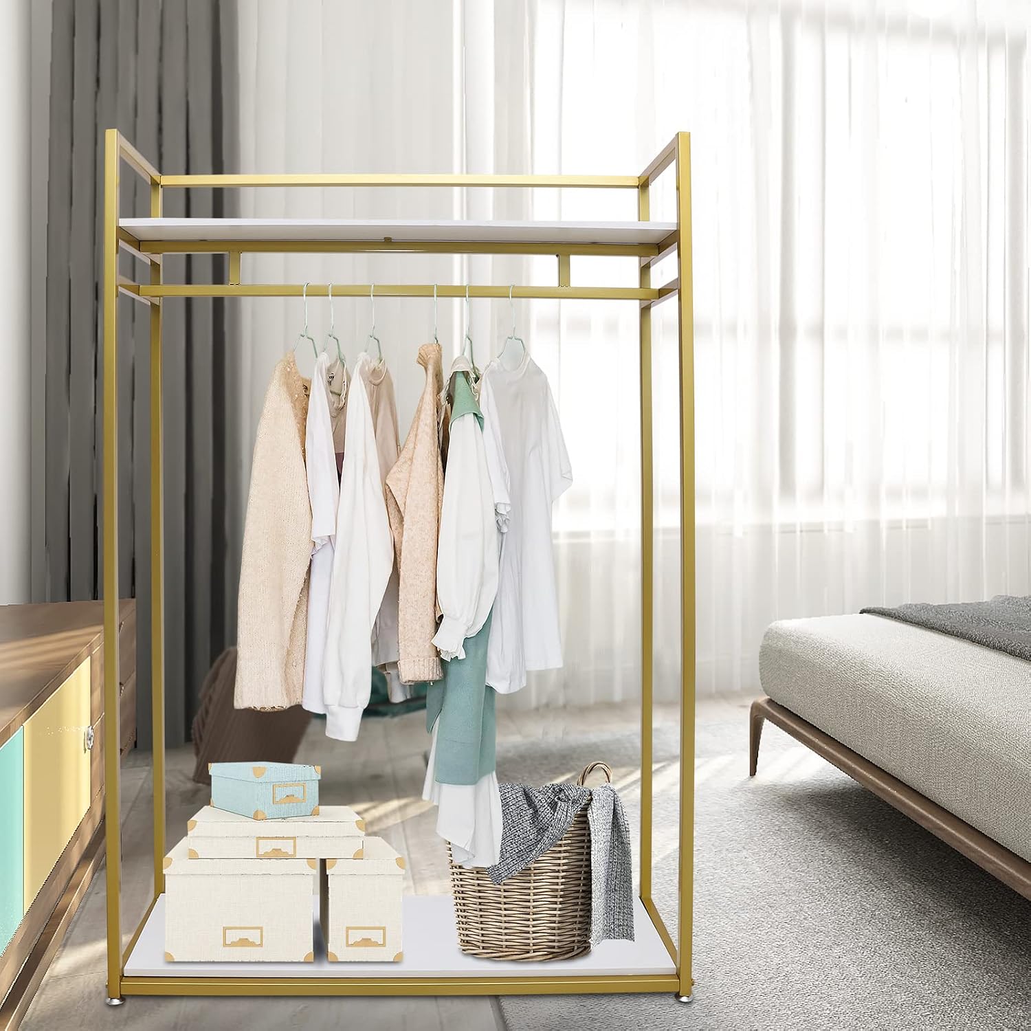 Open Garment Clothing Rack, Freestanding Standing Closet with Shelves Heavy Duty Shoes Bags Clothes Organizer Garment Rack Gold Hanging Clothing Rack for Small Spaces (47' L)