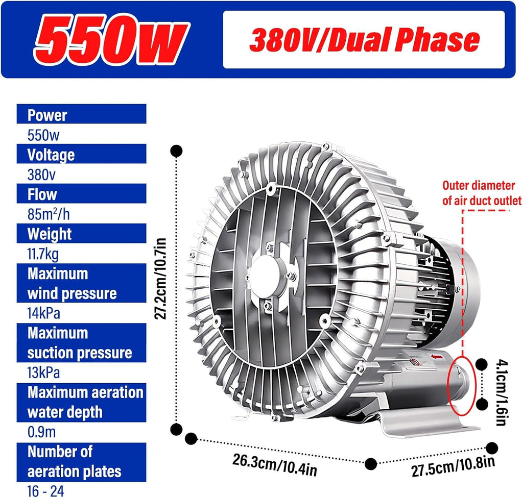 Industrial Grade Regenerative Blower 120w–1500w, High Pressure Vortex Ring Blower for Blowing, Suction and Hydroponics Aeration(550w,380v)
