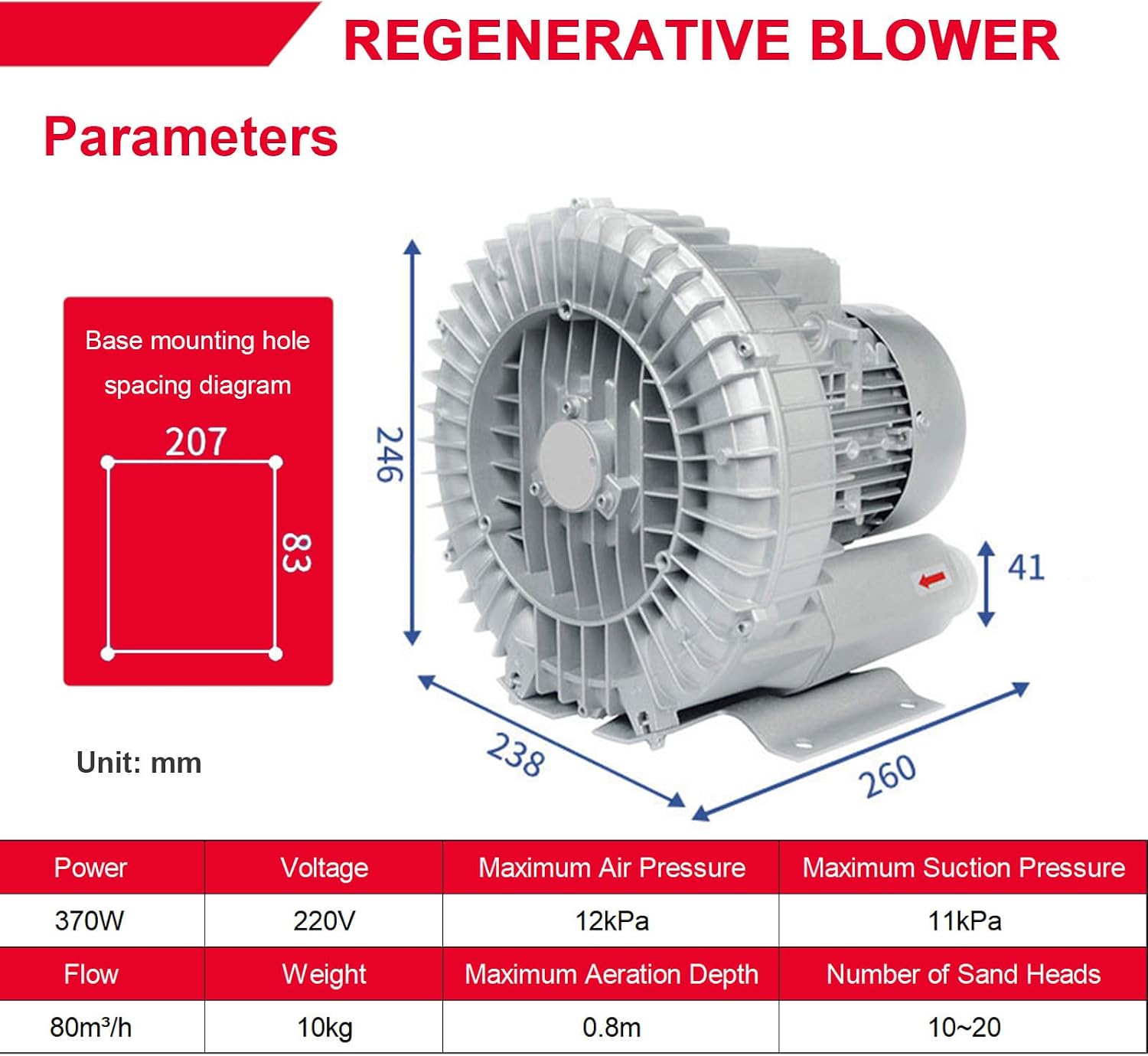 High Pressure Vortex Blower and Regenerative Air Blower 220V/380V – Heavy Duty Septic Tank Aerator Pump for Wastewater Treatment and Industrial Dust Control Systems 370W/220V