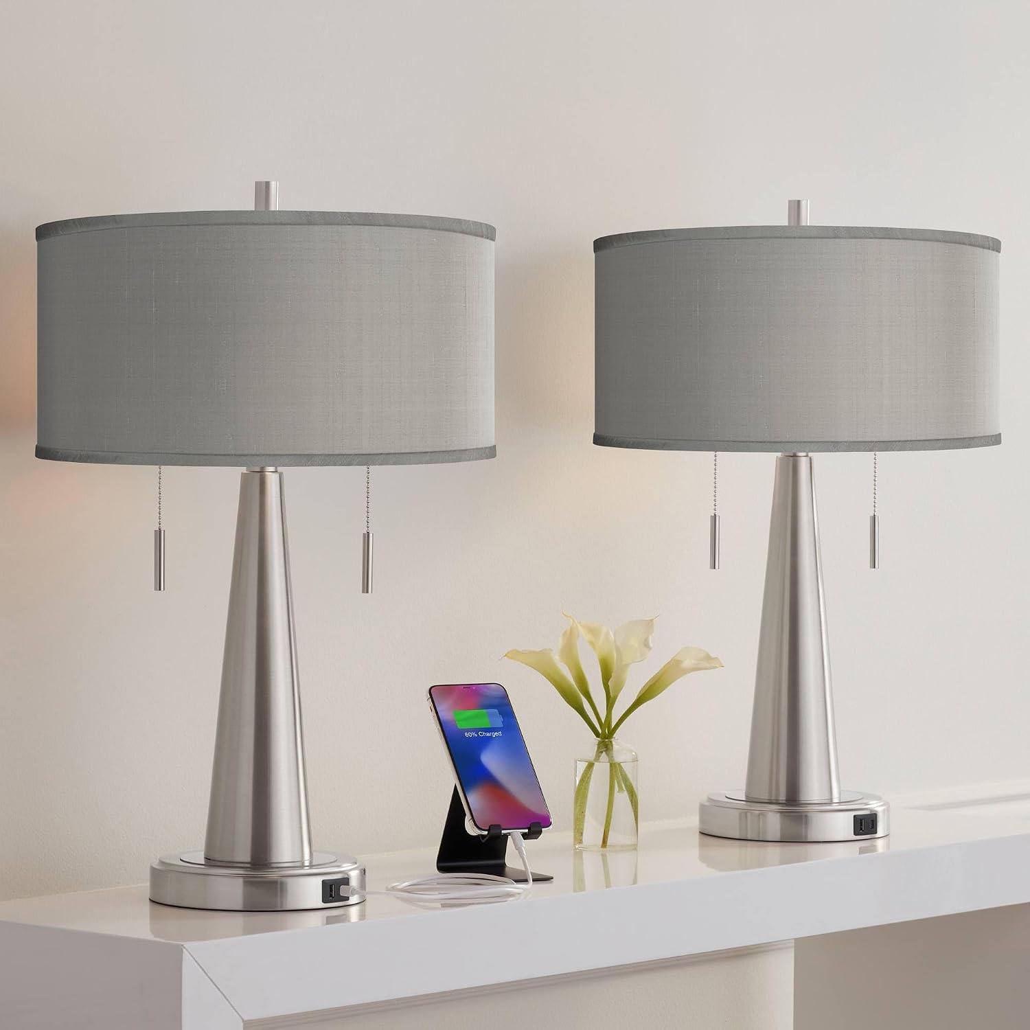 Possini Euro Design Vicki Modern Accent Table Lamps 23' High Set of 2 with USB Charging Port Brushed Nickel Gray Faux Silk Drum Shade for Living Room Desk Bedroom House Bedside Nightstand Home