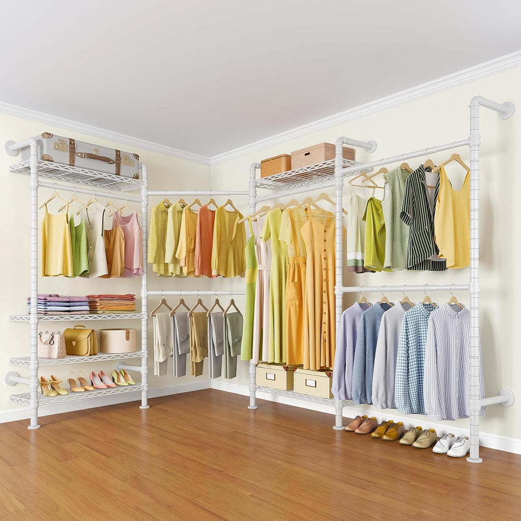Timate L4 L Shape Garment Rack Heavy Duty Clothes Racks for Hanging Clothes, Expandable Industrial Pipe Clothing Rack Wall Mounted Closet Organizer Large Wardrobe Closet Kit Corner Closet System White