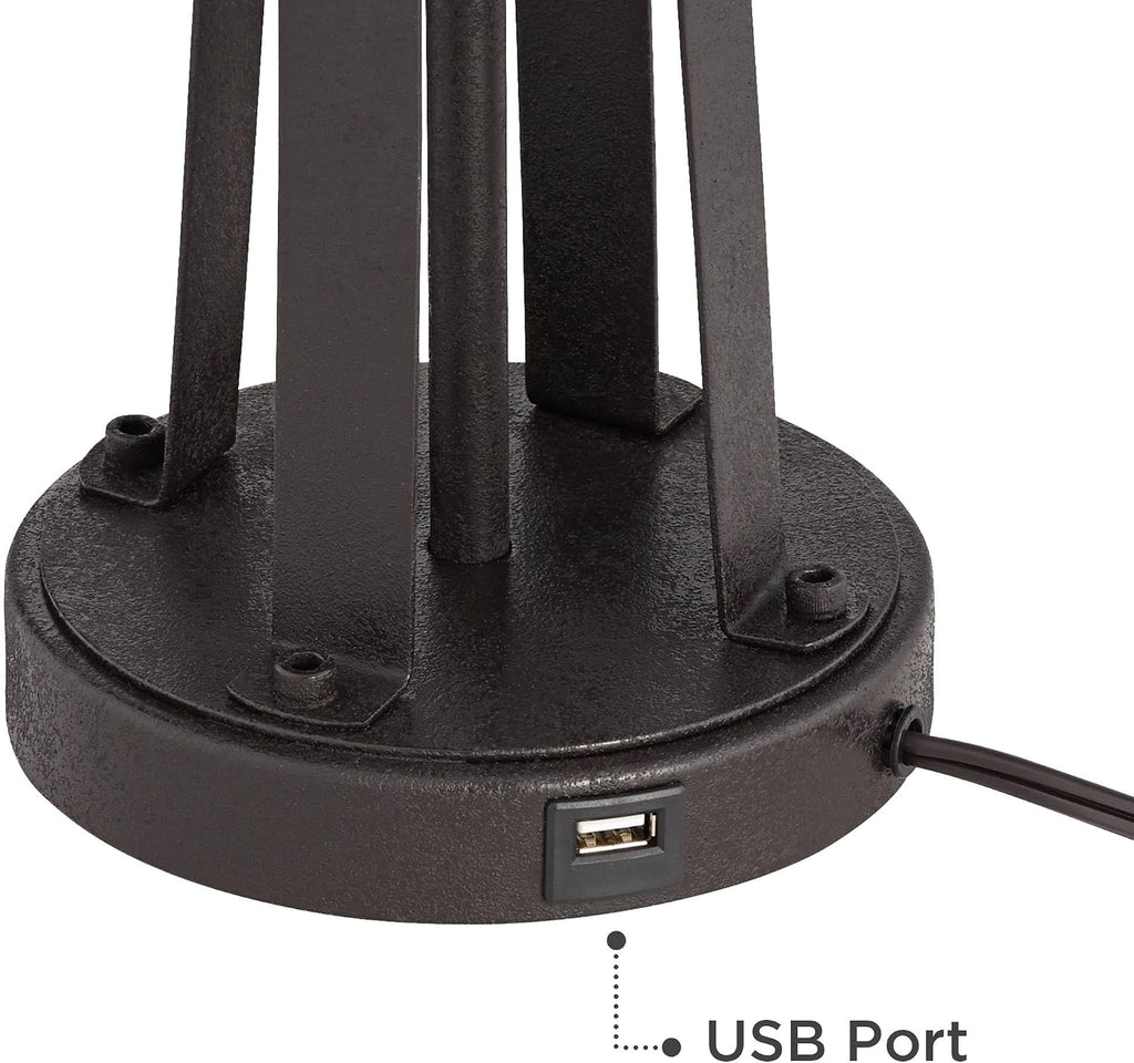 Possini Euro Design Modern Table Lamps 25 1/2' Tall Set of 2 with USB Charging Port Dark Bronze Metal Woven Burlap Drum Shade for Bedroom Living Room House Desk Bedside Nightstand Office Family