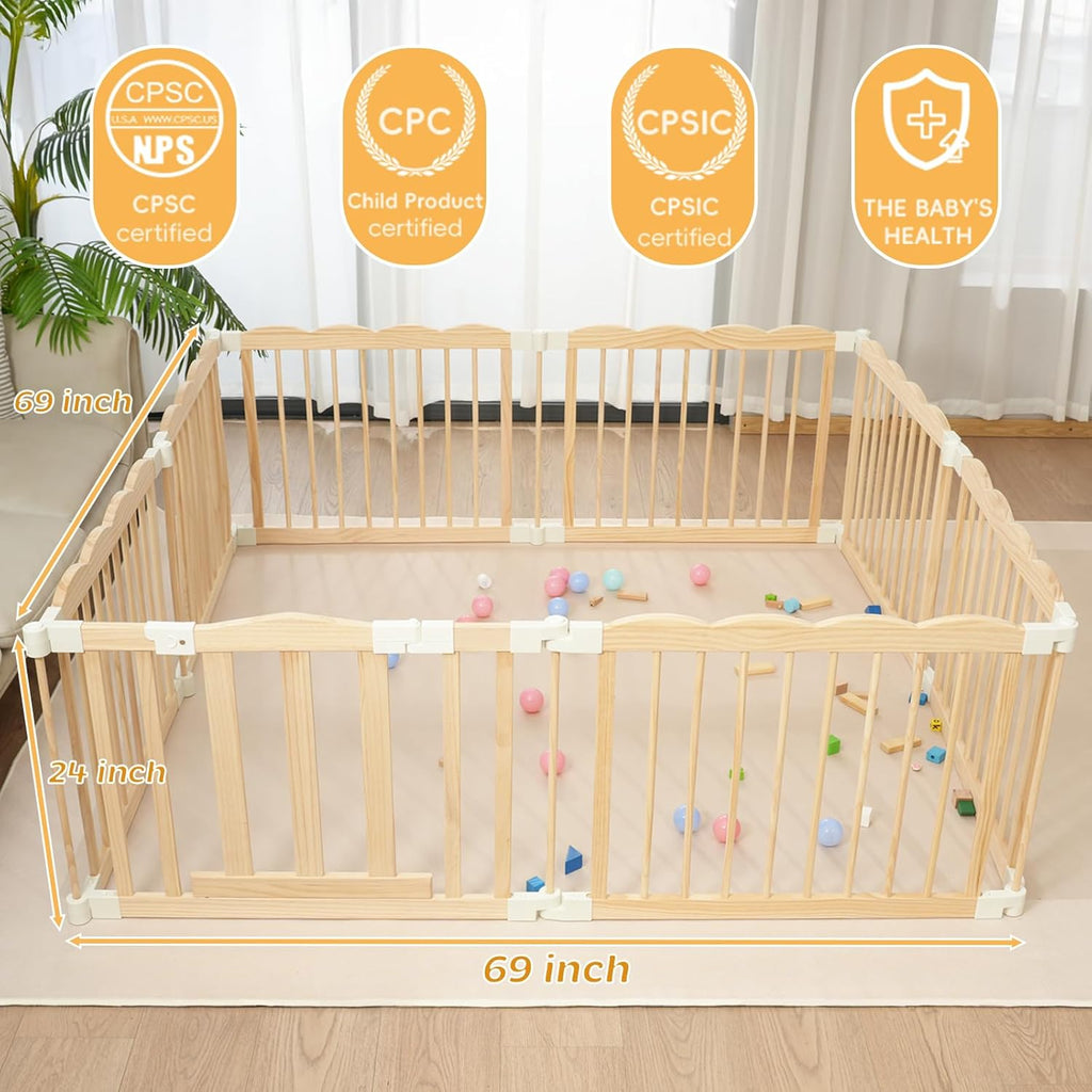 Natural Wood Baby Playpen for Babies and Toddlers Portable Infant Play pens for Kids Extra Large Toddler Wood Fence Play Area with Child Proof Lock 69x69x24Inch