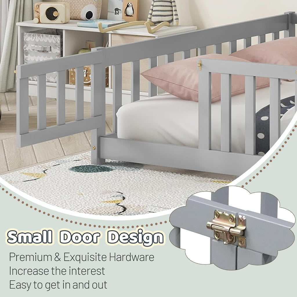 Full Floor Bed with Safety Guardrails for Kids, Rubber Wood Montessori Bed with Slats and Convertible Door,Full Size Bed Frame for Girls and Boys,No Box Spring Needed,Grey