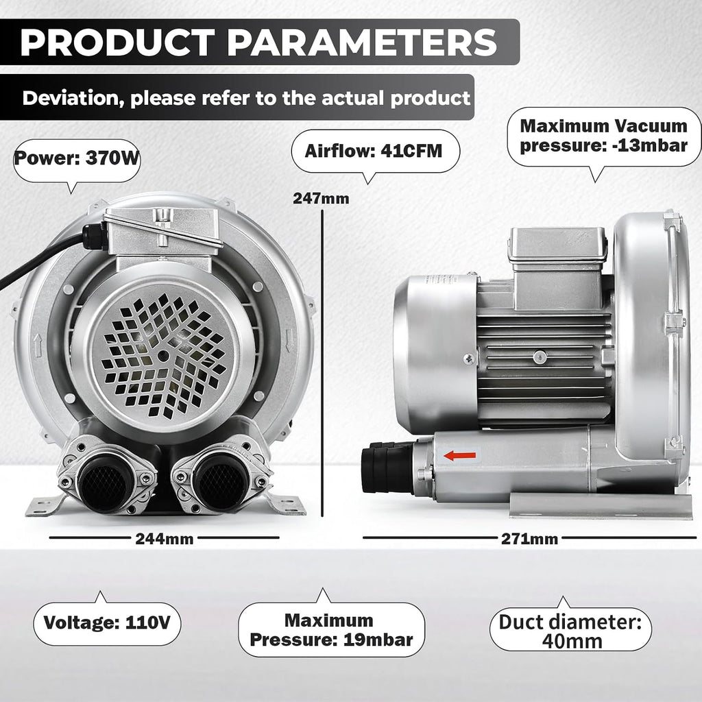 0.6HP Regenerative Blower, 41CFM 110V 60Hz Single Phase, High-Pressure Vortex Ring Blower, Industrial Vacuum Pump for Air Blowing Or Suction for Sewage Aeration Aquarium Fish Pond, Silver