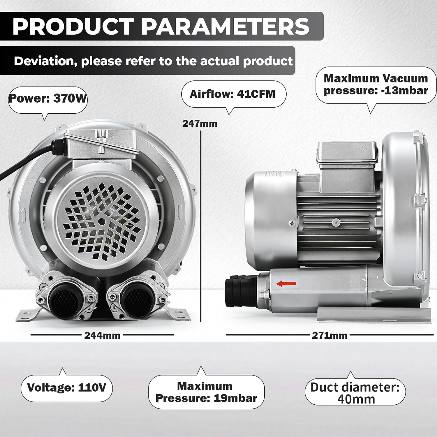 0.6HP Regenerative Blower, 41CFM 110V 60Hz Single Phase, High-Pressure Vortex Ring Blower, Industrial Vacuum Pump for Air Blowing Or Suction for Sewage Aeration Aquarium Fish Pond, Silver