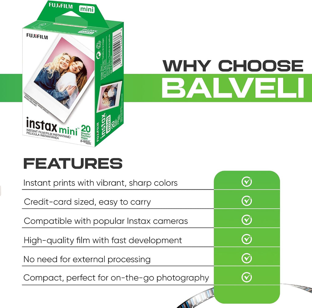 Fujifilm Instax Mini Film ISO 800, Six Twin Packs 120 EXP Total Compatible with Instax Mini Evo, 12, 11, 9 Models, Includes Balveli Premium Microfiber Cleaning Cloth