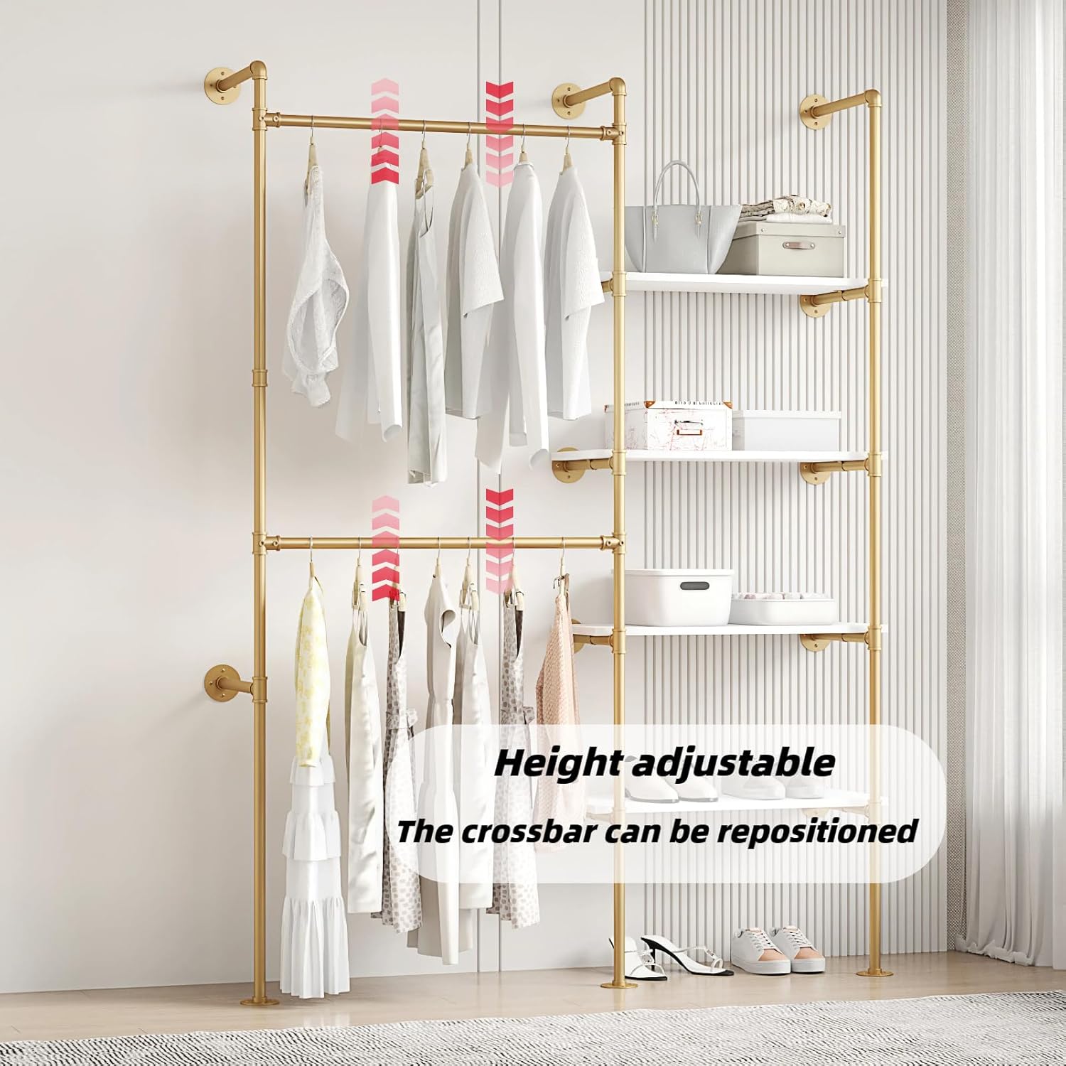 Industrial Pipe Clothing Rack, Hanging Rods Clothes Rack with Shelves, Clothes Rack for Wardrobe, Corner Closet System for Walk in Closets (Gold, II-4Tier)