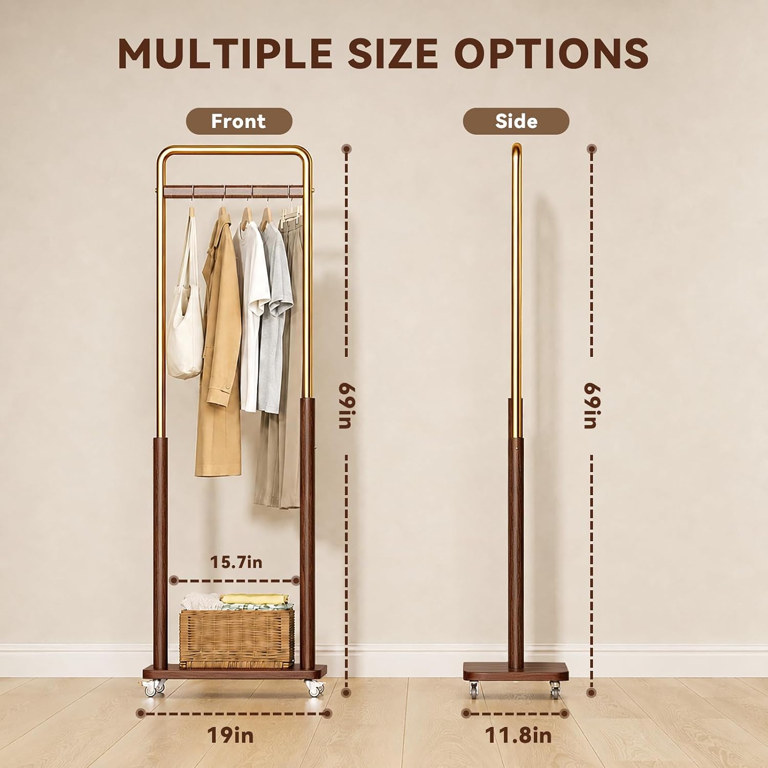Taitiy Clothes Rack Solid Wood Coat Rack, Metal and Solid Wood Combination Clothing Rack with Wheels for Entryway, Bedroom, Living Room, Coat Racks Freestanding for Hanging Clothes Garment Scarf