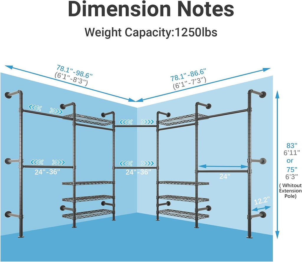 Timate L Shape Closet Rack Wall Mount for Corner, Heavy Duty Hanging Garment Rack Clothing Rack with 8 Adjustable Shelves & 4 Hanger Rods, Closet System for Hanging Clothes, Black