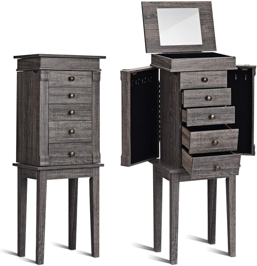 HOMGX 5 Drawers Jewelry Armoire Cabinet, Standing Jewelry Storage Chest with Mirror, 8 Necklace Hooks Wooden Jewelry Organizer, Bedroom Jewelry Furniture with 2 Side Swing Doors, Grey