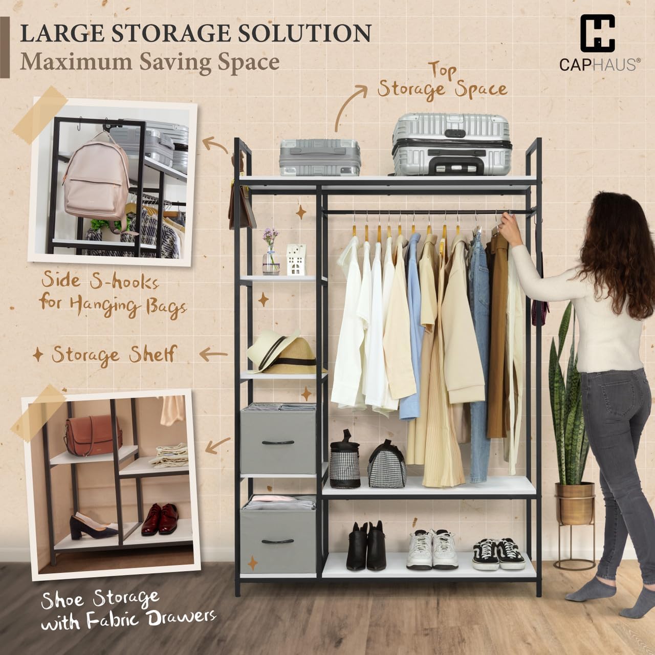 Fencer Wire Heavy Duty 979lbs Freestanding Closet Organizer w/Hanging Rods & Fabric Drawers, Garment Rack, Metal Clothes Rack w/Wood Shelves, Freestanding Closet Wardrobe, Black Vintage Board