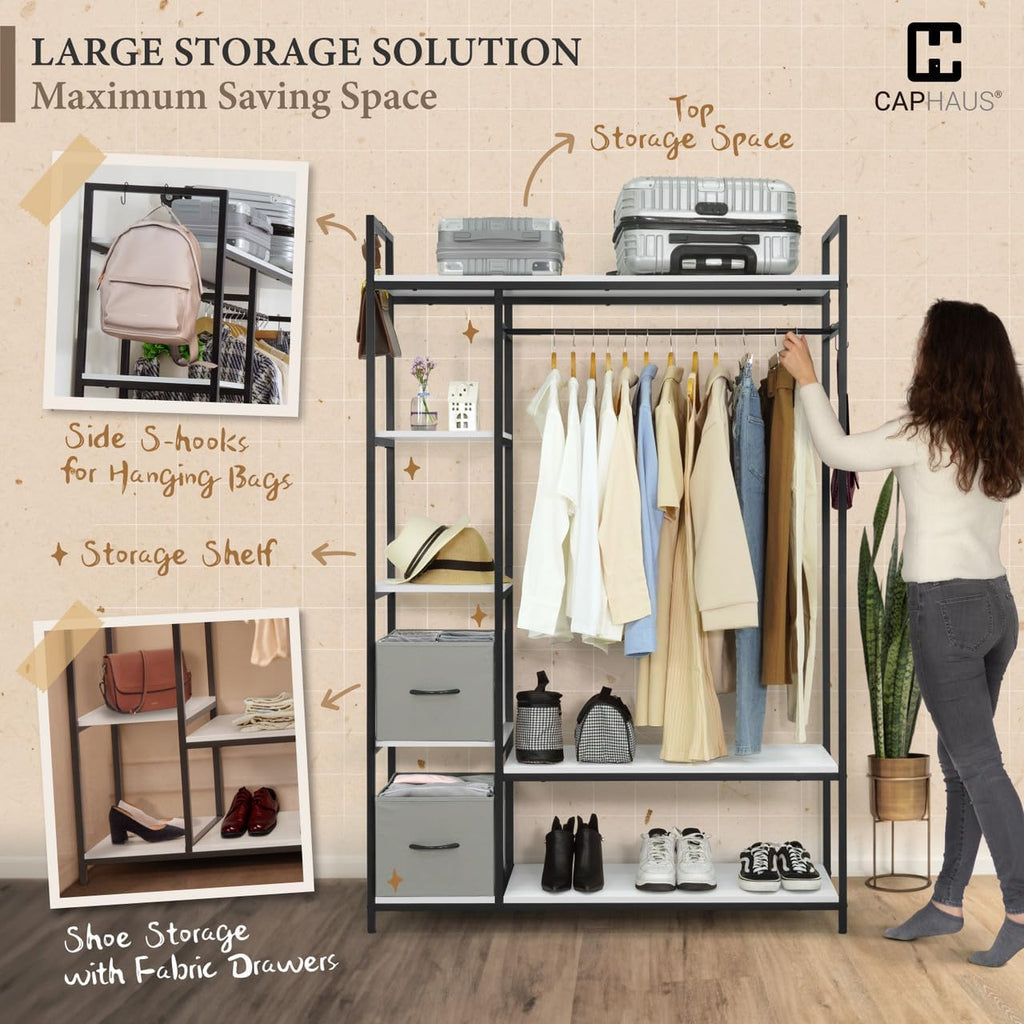 Fencer Wire Heavy Duty 979lbs Freestanding Closet Organizer w/Hanging Rods & Fabric Drawers, Garment Rack, Metal Clothes Rack w/Wood Shelves, Freestanding Closet Wardrobe, Metal Closet, White Board