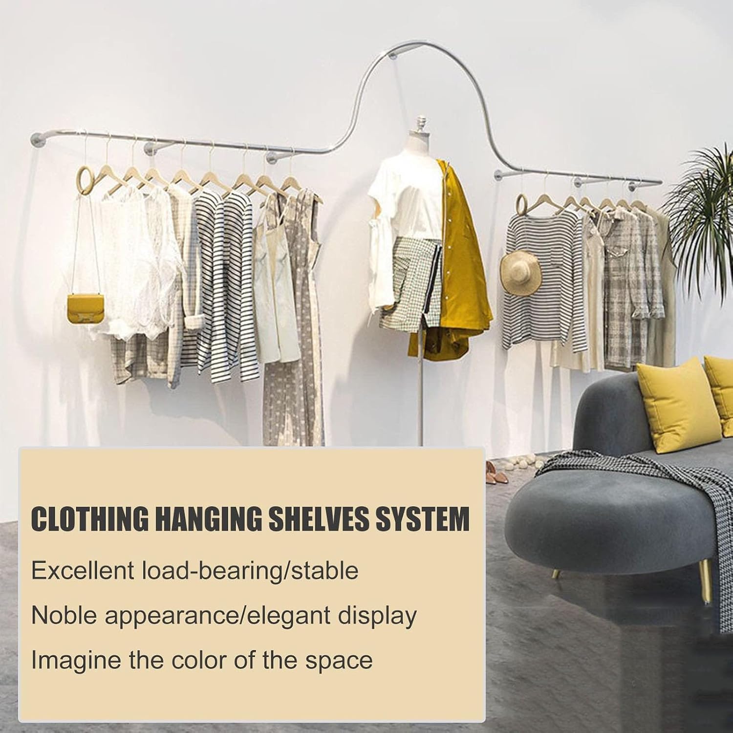 Wall-Mounted Garment Rack Hanging Clothes Rack, Heavy Clothing Store Large-Capacity Metal Display Stand,Home Retail Boutique Display Clothes Organizer Systems(Gold,200cm)