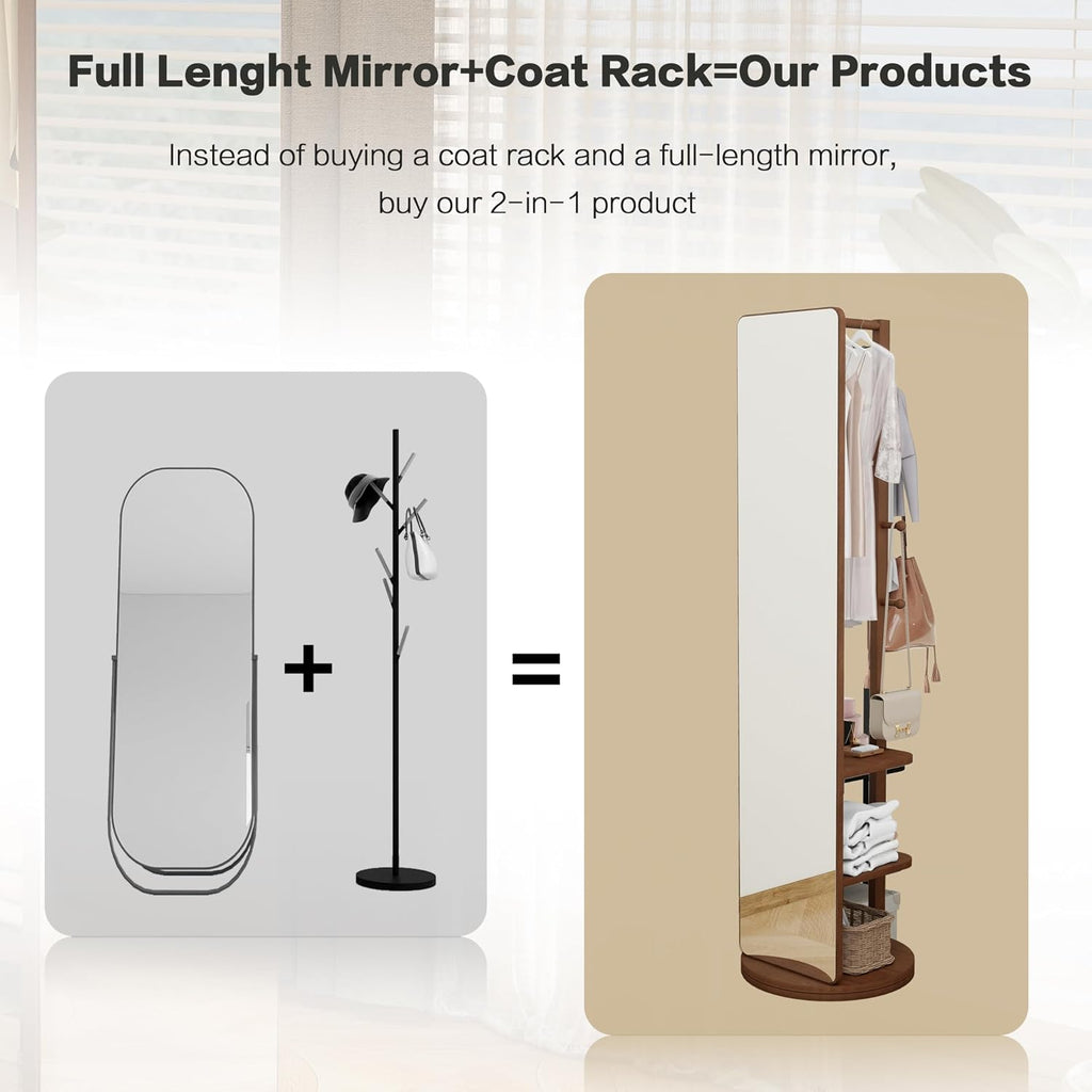 BOWEI Solid Wooden Coat Rack, Free Standing Coat Stand with Full Length mirror, Hall Coat Tree with Hooks and Storage Shelf for Coats, Hats, Bags, for Entryway, Hallway, Bedroom (Walnut)