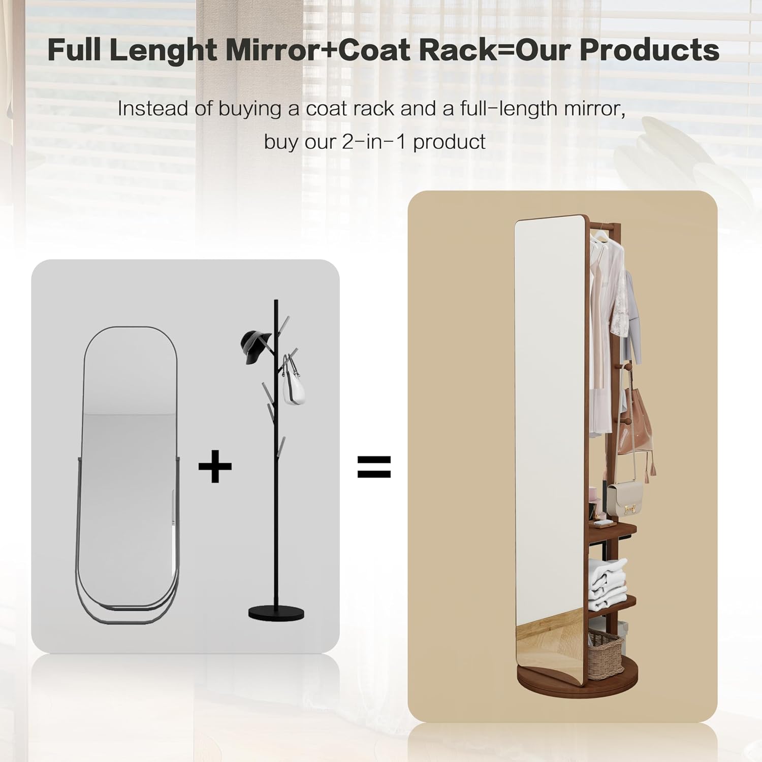 BOWEI Solid Wooden Coat Rack, Free Standing Coat Stand with Full Length mirror, Hall Coat Tree with Hooks and Storage Shelf for Coats, Hats, Bags, for Entryway, Hallway, Bedroom (Walnut)