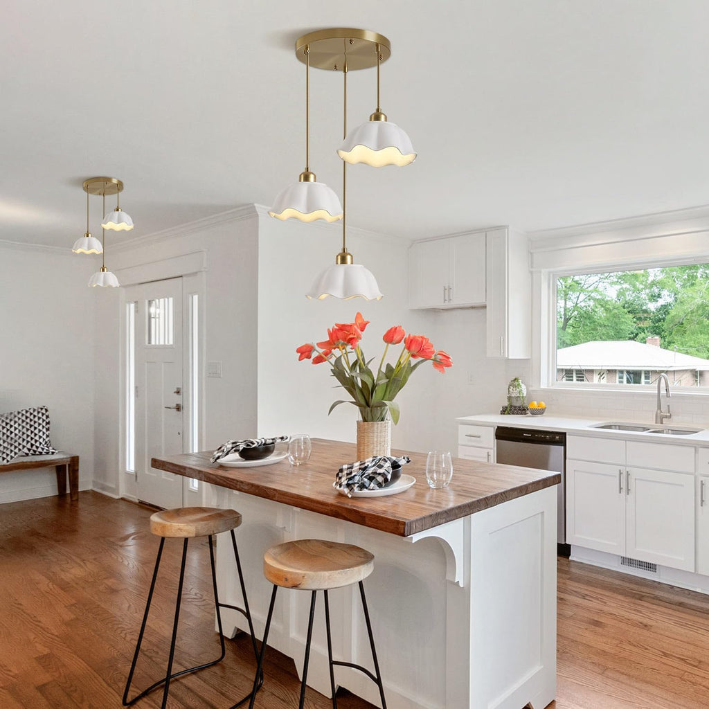 3 Light Pendant Light Minimalist Style Ceiling Hanging Lamp Retro White Wave Ceramic Lampshade Brass Finish Ceiling Light for Kitchen Island Bedroom Bedside