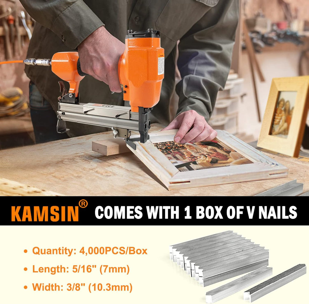 KAMSIN V1015 Pneumatic Picture Frame V Nailer with 4,000PCS of 7 MM V-Nails, 30 Gauge Picture Frame Stapler Air Power Wood Joiner