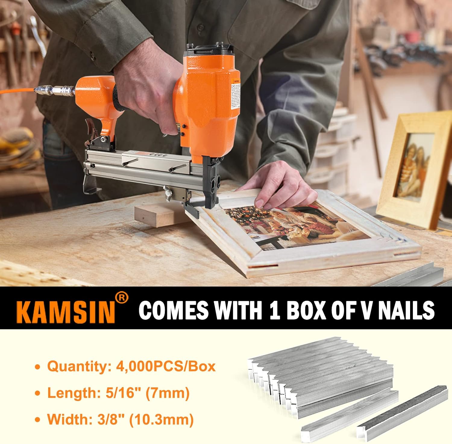 KAMSIN V1015 Pneumatic Picture Frame V Nailer with 4,000PCS of 7 MM V-Nails, 30 Gauge Picture Frame Stapler Air Power Wood Joiner