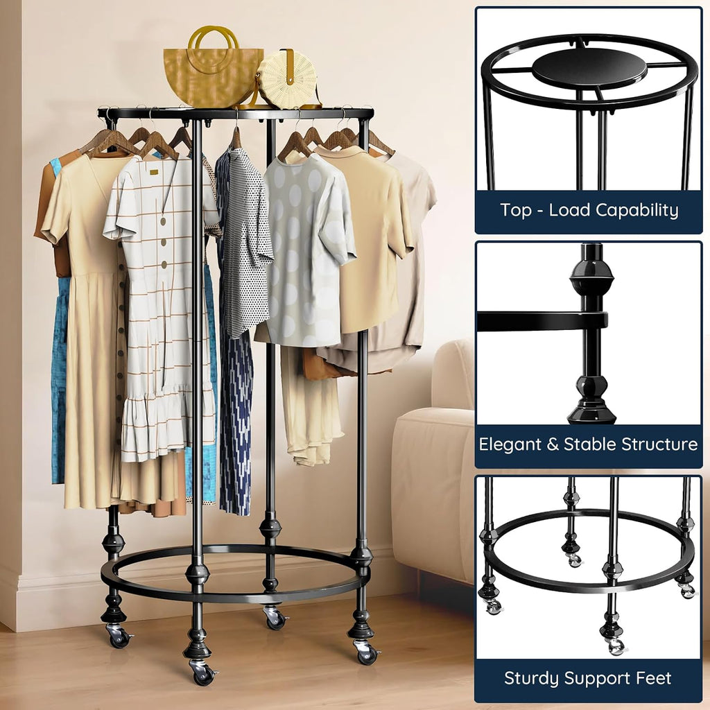 Rolling Round Garment Rack, Freestanding Double Space Multi-Purpose Retail Clothing Rack with Wheels and Topper, Heavy Duty Commercial Clothing Organizer for Retail Boutique Bedroom (Black)