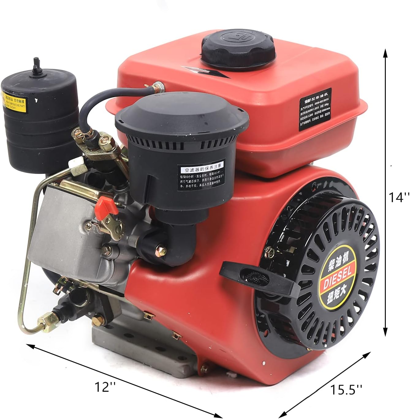Diesel Engine 196CC 4 Stroke Single Cylinder Forced Air Cooling Horizontal Axis Engine Recoil Hand Start 53mm Shaft Length 3000RPM 2.2KW (Red)