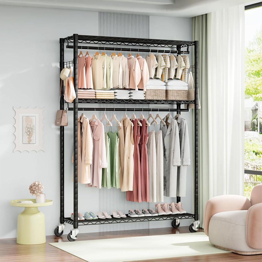 Rolling Clothes Rack Heavy Duty, Free Standing Garment Rack with Wheels, Portable Closet Rack, Closet Organizer System with 35.4' W x 15.7' D x 76' H, Max Load 500Lbs (Black)