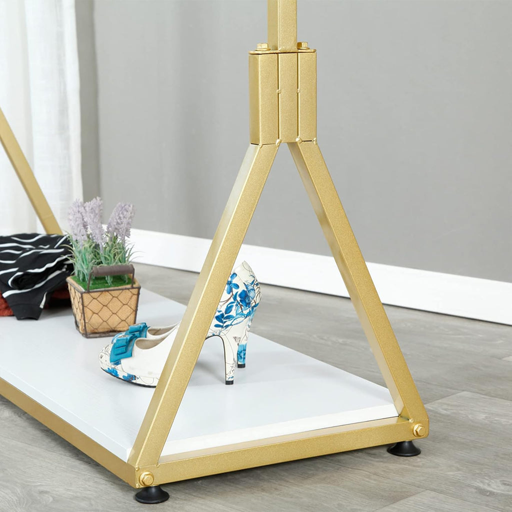 Modern Simple Heavy Duty Metal and Wood Rolling Clothing Garment Rack with Wheel,Creative Commercial Wedding Dress Display Shelf,Floor-Standing Clothes Hangers (Gold with Wood, 47.2' L)