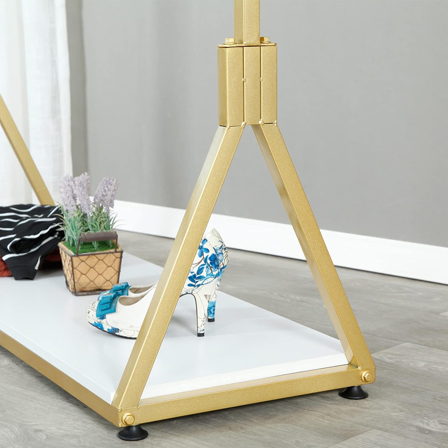 Modern Simple Heavy Duty Metal and Wood Rolling Clothing Garment Rack with Wheel,Creative Commercial Wedding Dress Display Shelf,Floor-Standing Clothes Hangers (Gold with Wood, 47.2' L)